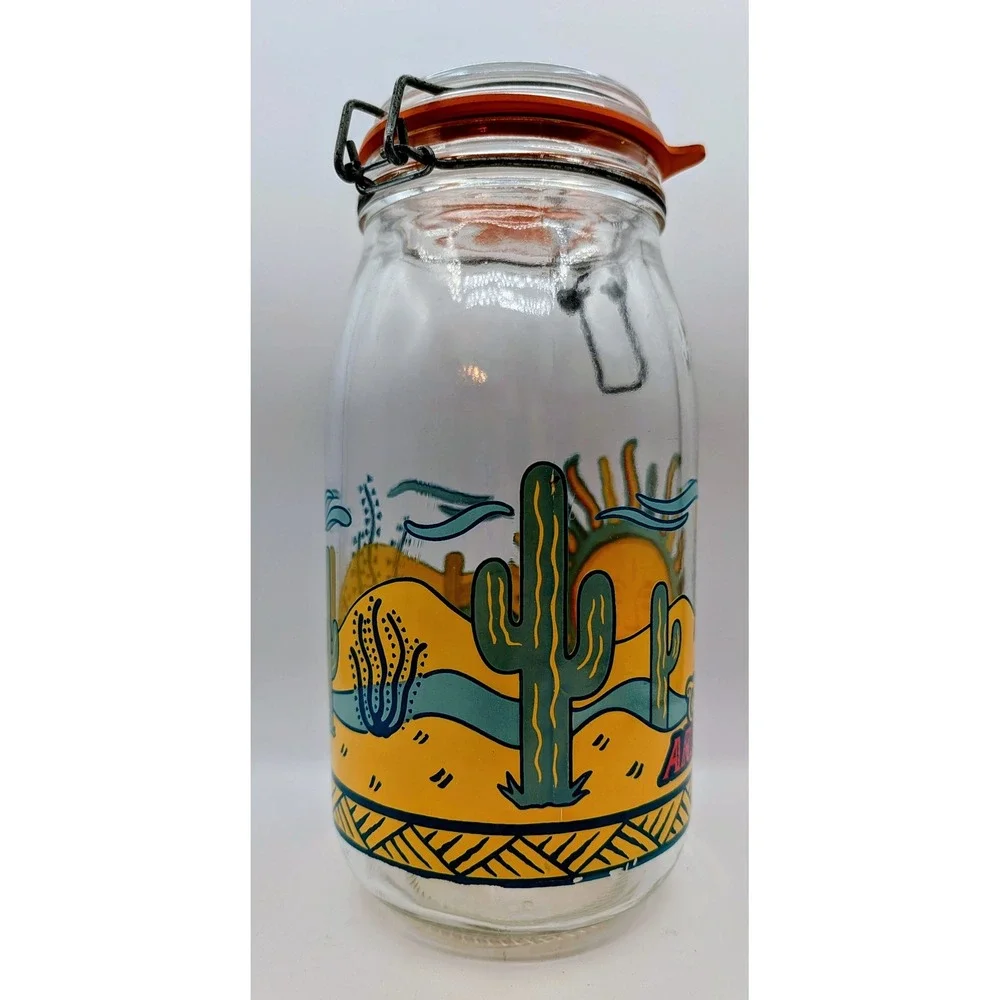 Vintage Arizona Pistachio Co Glass Jar Made in France Southwestern Sun Cactus